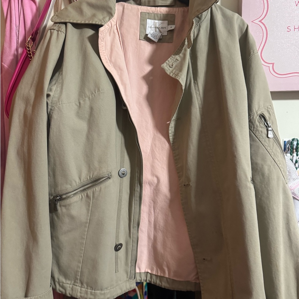 Calvin Klein Jeans Olive Jacket with Soft Pink Interior
